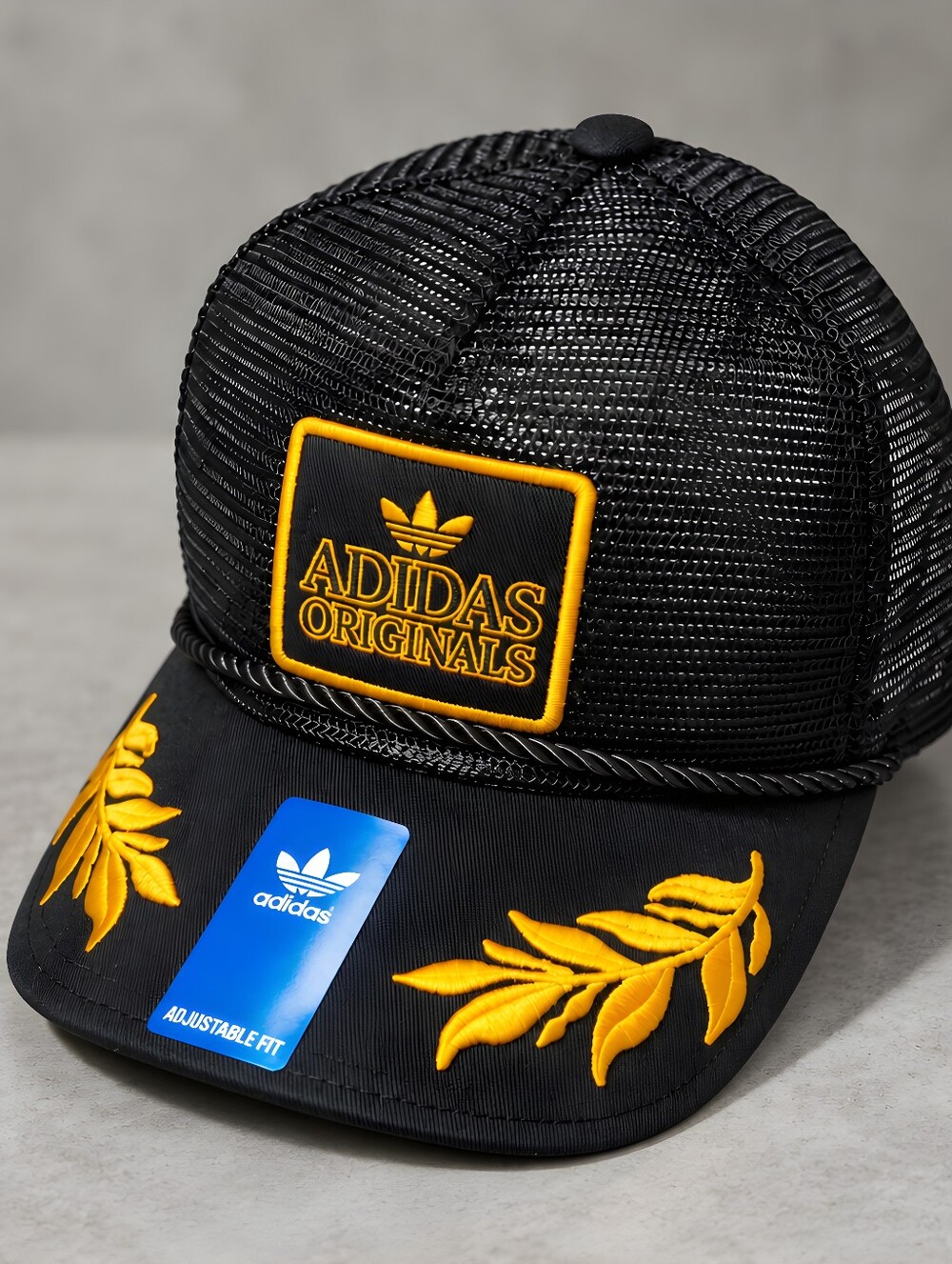 NWT Unisex Adidas Black Mesh Trucker Hat with Blue Inner Sweatband